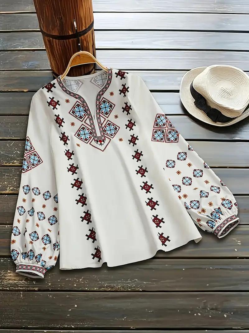 2026 European and American Ethnic Style Women s V-Neck Long Sleeve Print Loose Top 1XL белый