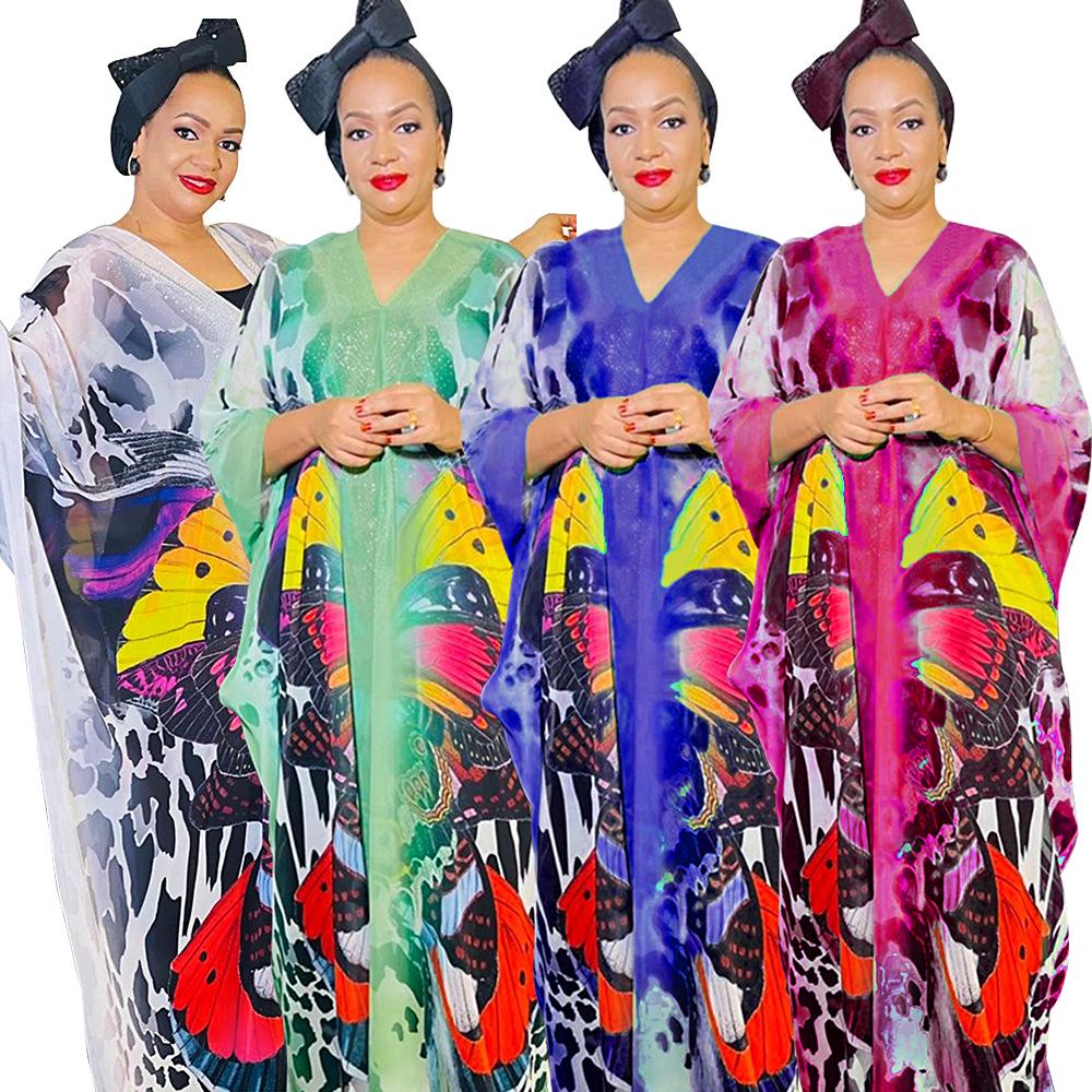 African Women's Plus Size Chiffon Print Beach Dress and Robe Set
