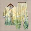 Women's Casual Two-Piece Floral Print Outfit Five-Point Sleeve Tops and Elastic Waist Pants Set