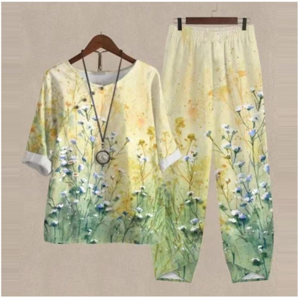 Women's Casual Two-Piece Floral Print Outfit Five-Point Sleeve Tops and Elastic Waist Pants Set