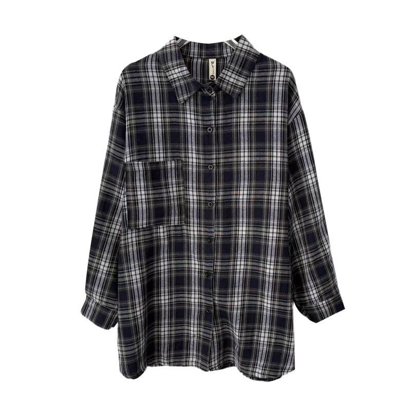 2025 Autumn Plus Size Retro Plaid Long Sleeve Loose Shirt Cardigan