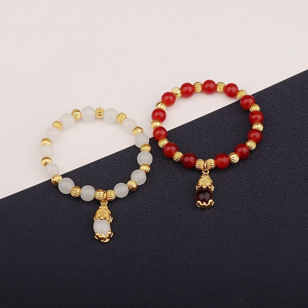 Vintage Imitation Marble Stone Bracelet Chinese Style Beaded Bangles Pixiu Pendant Bracelet  Gifts