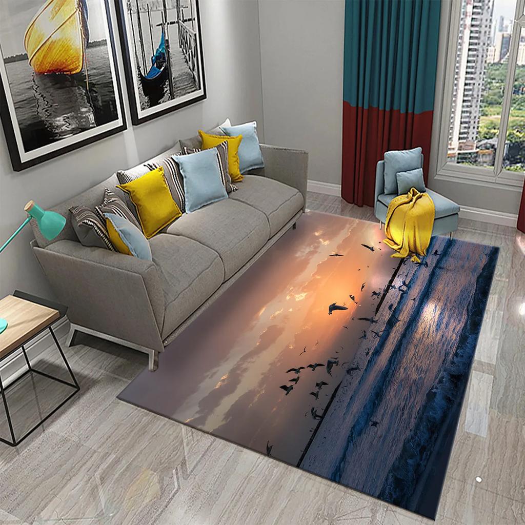 3D Migratory Birds Carpet Sunset Seaside Birds Rugs for Kitchen Bathroom Anti-Slip Carpet Living Room Bedroom Floor Decor Mats