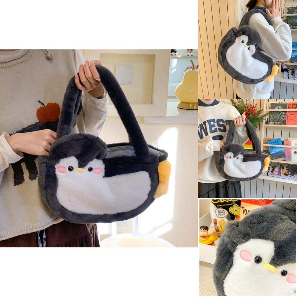 Penguin Plush Tote Bag For Girls With Soft Faux Fur And Zipper Interior