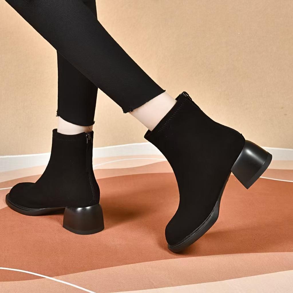 Round Head Fashion Boots Women's Autumn and Winter New Black Simple Temperament Short Boots Thick Heel High Heel Thin Boots
