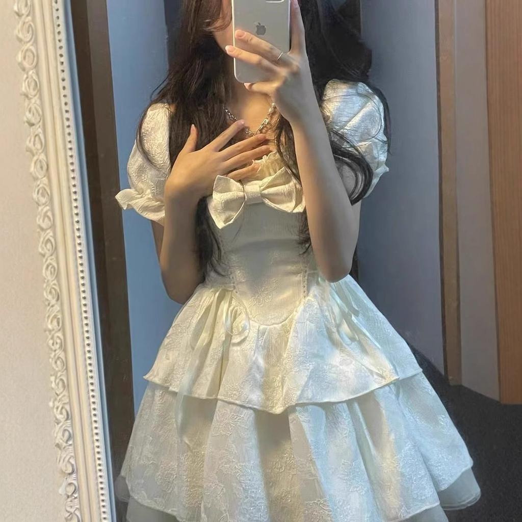 French square neck bubble sleeve pure desire dress waist temperament design sense niche sweet fairy short skirt summer