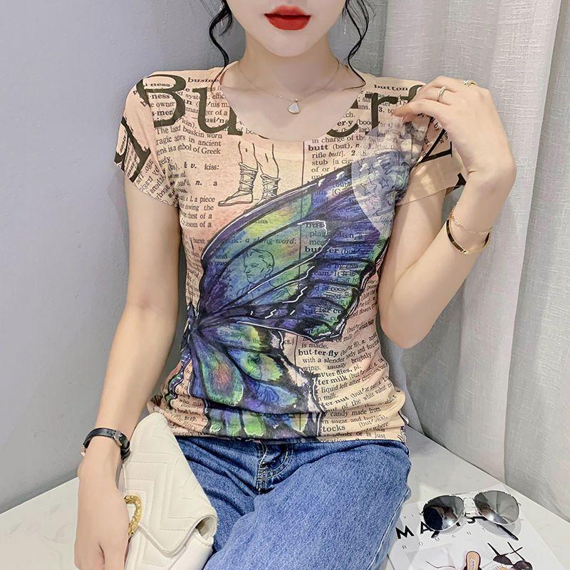 Creative Printed Short Sleeved T-shirt for Women's Summer Wear New Fashionable European Design Slim Fit and Western-style Letter Half Sleeved Top