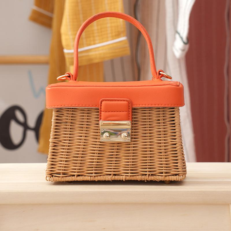 

Trend Women s Straw Square Bags Handmade Woven Tote PU Leather Top Handle Rattan Purses Boxes Lady Summer Beach Basket Bags