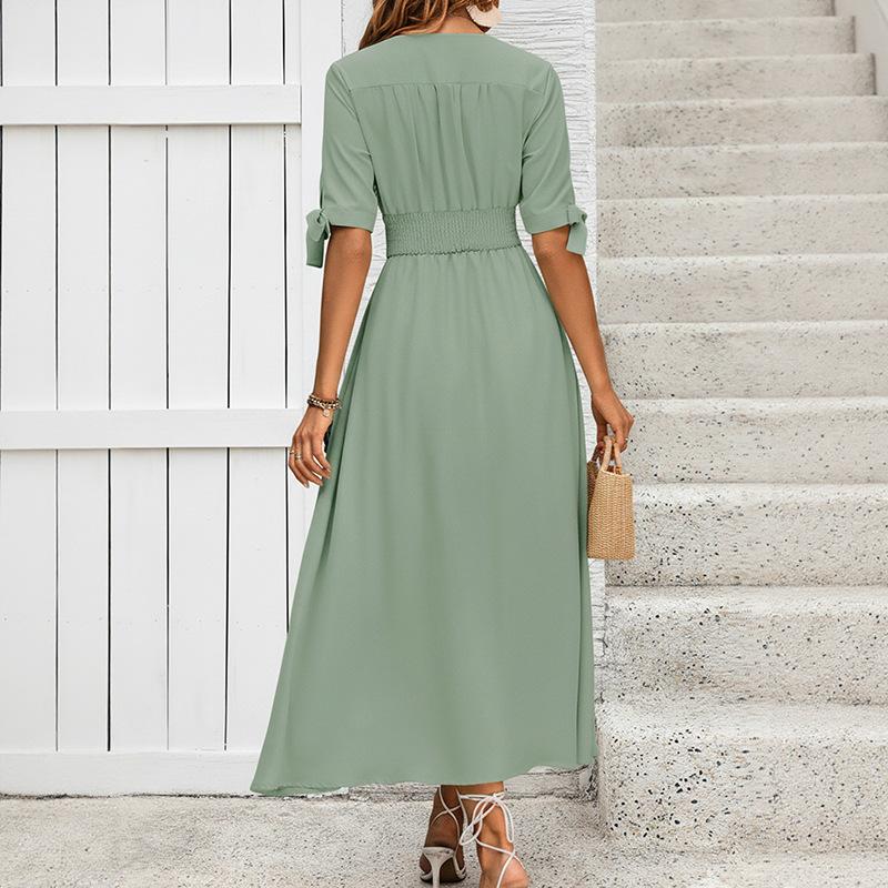 Elegante Vestito Midi Monocolore Scollo a V Vita Alta Arricciato per Donna