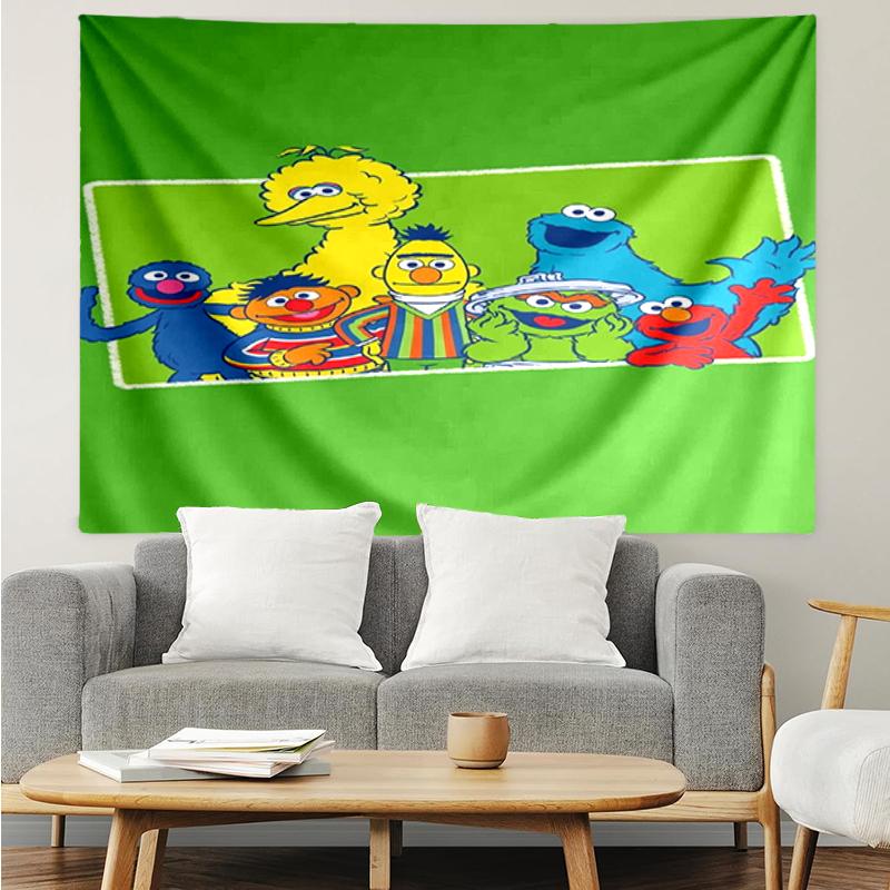 Sesame Street Print Tapestry, Backdrop, Easy Setup, Ideal for Bedroom, Office & Living Room, with Aesthetic Wall Hanging Decor.