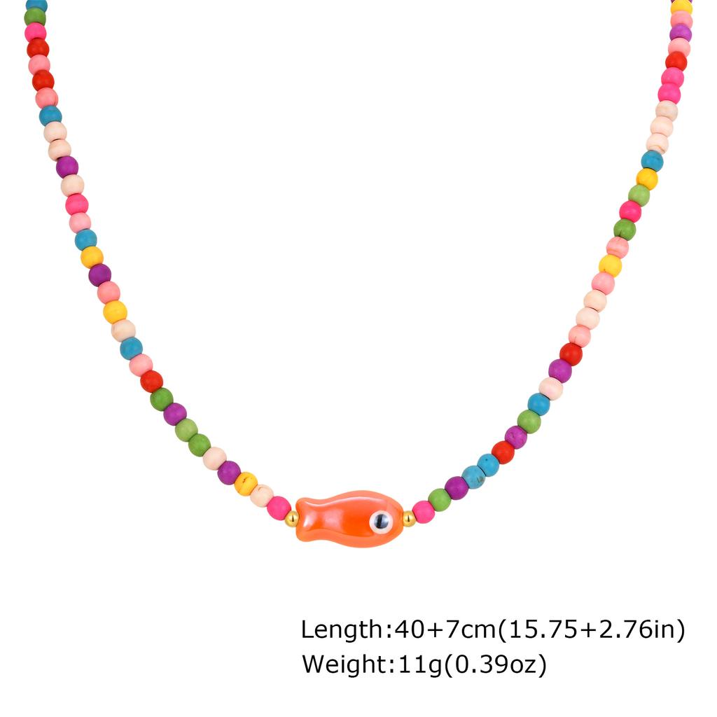 Colorful Boho Ceramic Fish Pendant Necklace for Women, Adjustable Woven Rope Choker Beaded Necklace, Summer Beach Party Jewelry