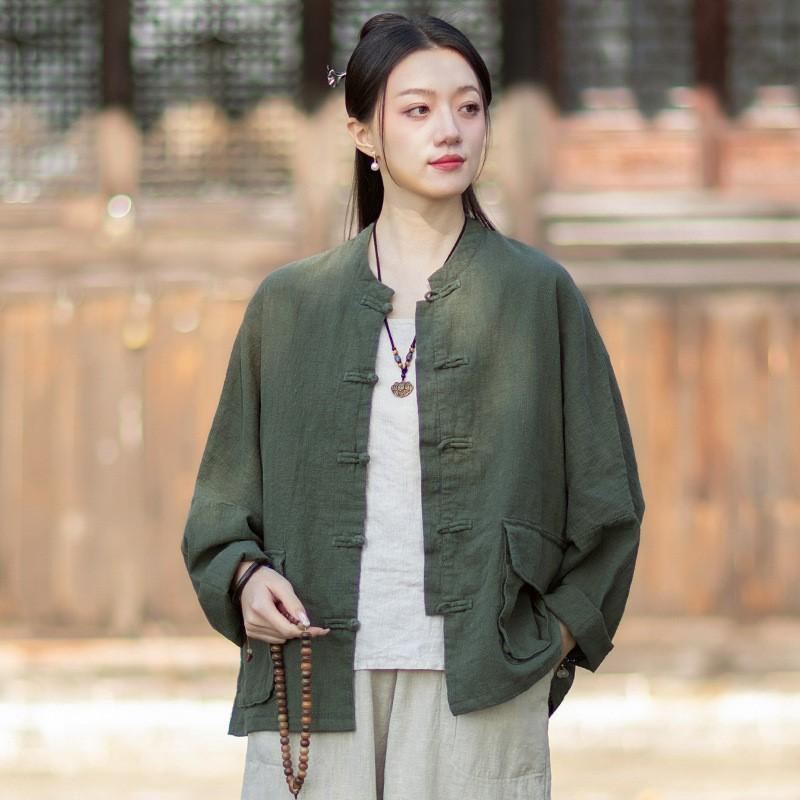 Johnature Women Vintage Shirts Tops Spring Chinese Style Solid Color Blouses Pockets Button Stand Shirts