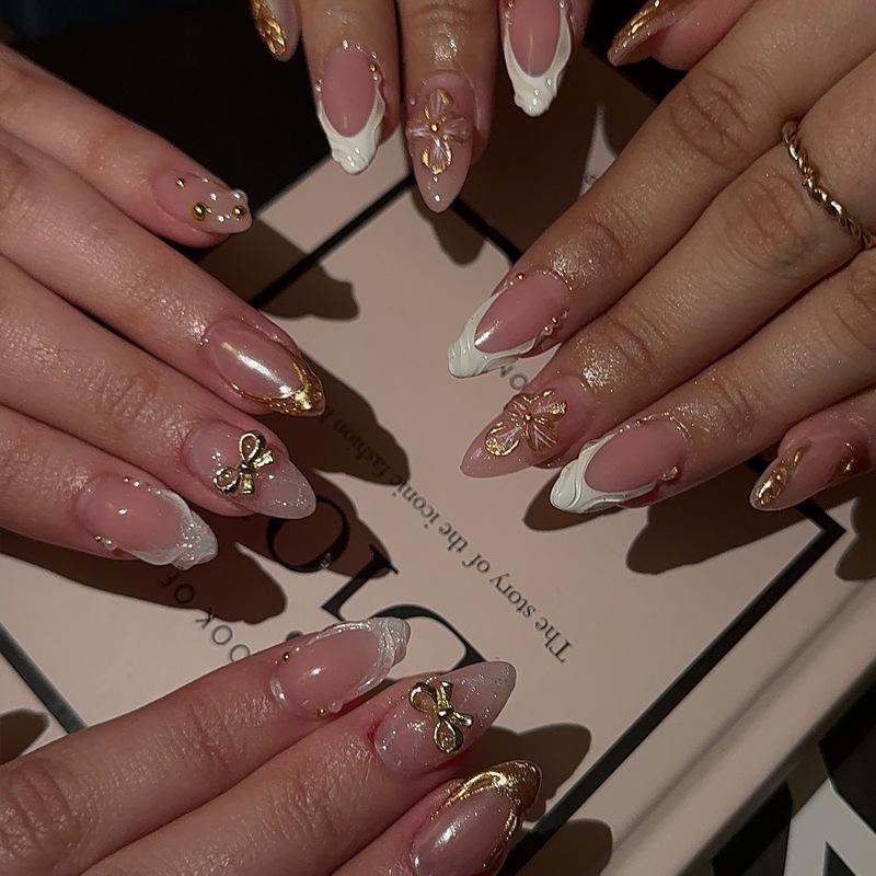 

Gilded Pink French Manicure False Nails - Hot Girl Style, 24-Piece Set Glue Version