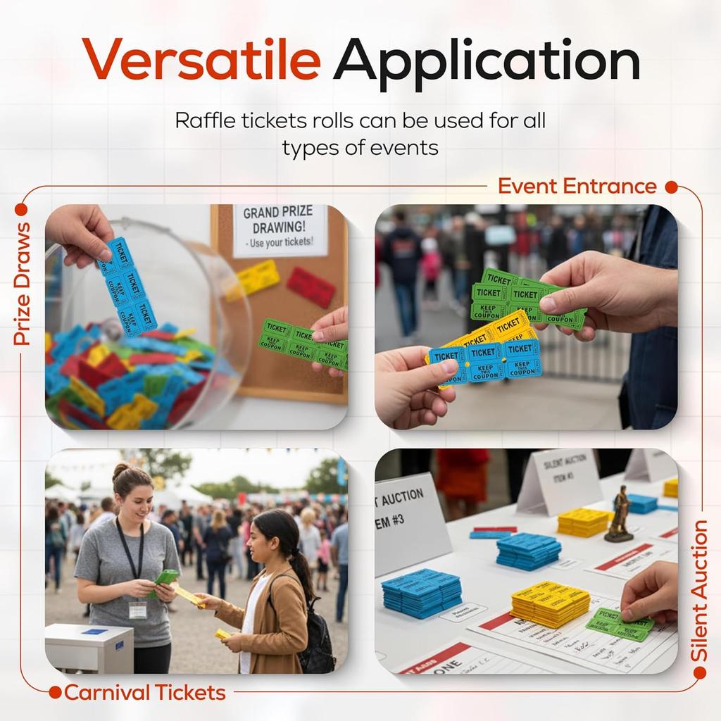 PM Company 1000 Pairs (2000 pcs) Raffle Tickets, 50/50 Double Raffle Tickets (Blue/Red/Green/Yellow) 250 Pairs Per Color, for Events, Carnivals,