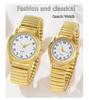 2 STÜCK Gold Retro Runde Zeiger Quarz Uhr Klassische Simulation Elastisches Armband Uhr Geeignet für Männliche und Weibliche Paare