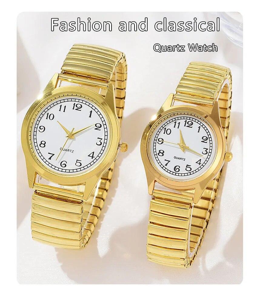 2 STÜCK Gold Retro Runde Zeiger Quarz Uhr Klassische Simulation Elastisches Armband Uhr Geeignet für Männliche und Weibliche Paare