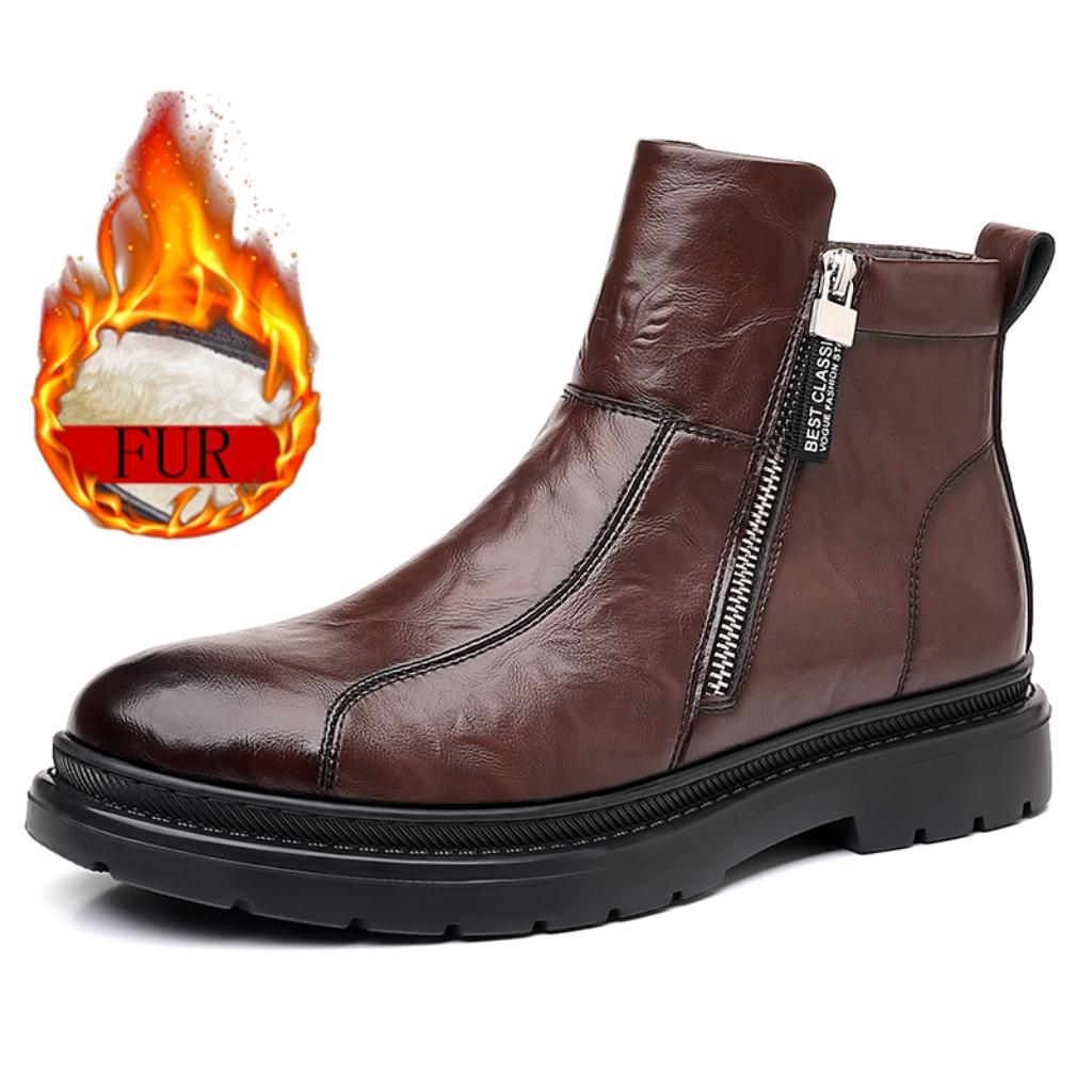 Nye Herre Svarte Chelsea Støvletter Pels Varme Herre Fritid Ekte Lær Sko Designer Kjole Støvel Sideglidelås Elegant Business Fottøy