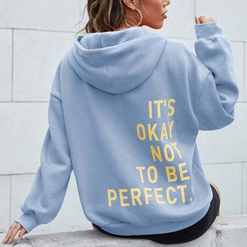 Ladies Spring Autumn Casual Sports Hooded Long Sleeve Big Pocket Letter Printed Pullover Hoodies Sweatshirt Top S