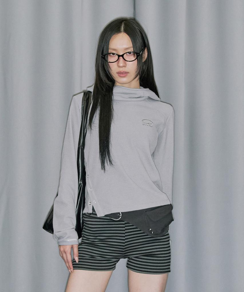 ODDSTUDIO Side Snap Waffle Hoodie Long Sleeve - Light Gray