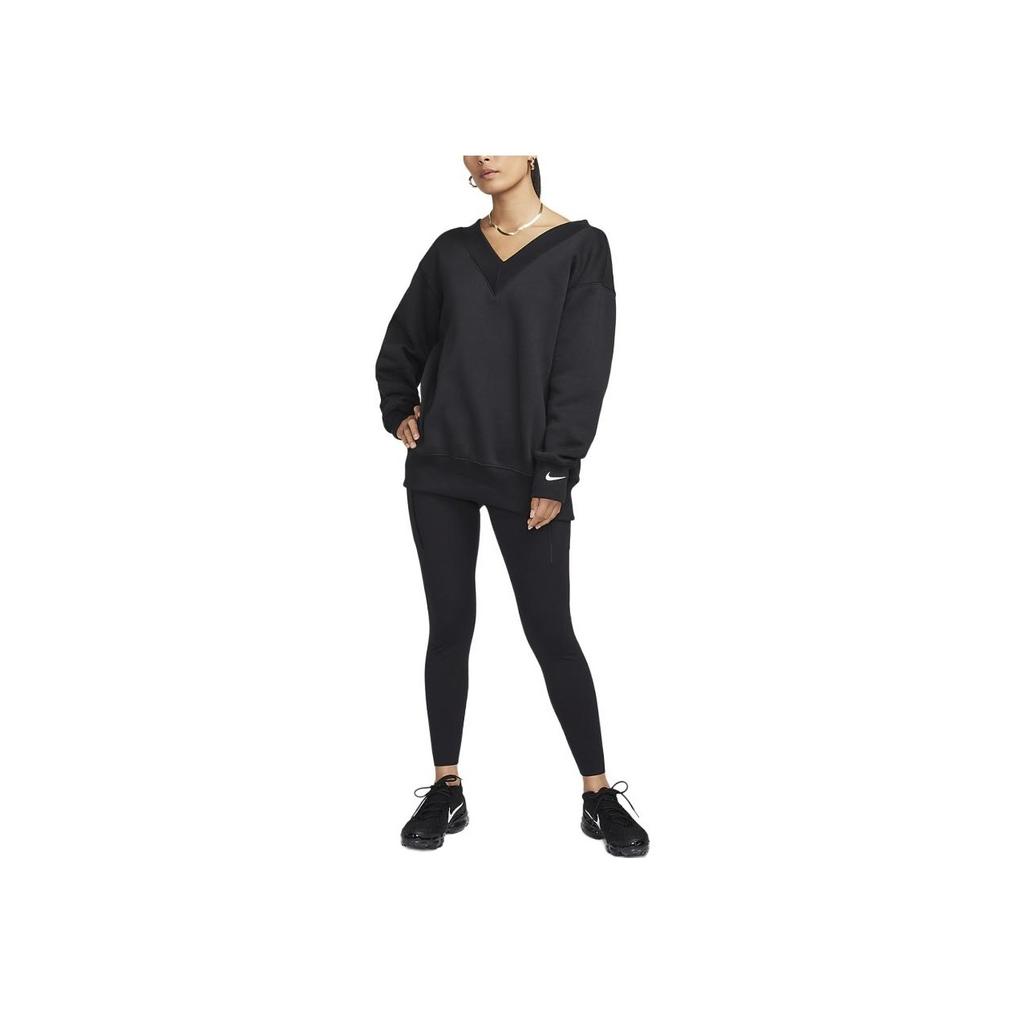 Nike Solid Color Knitted V-Neck Long Sleeve Sweater Women Sweater Black FB8318-010