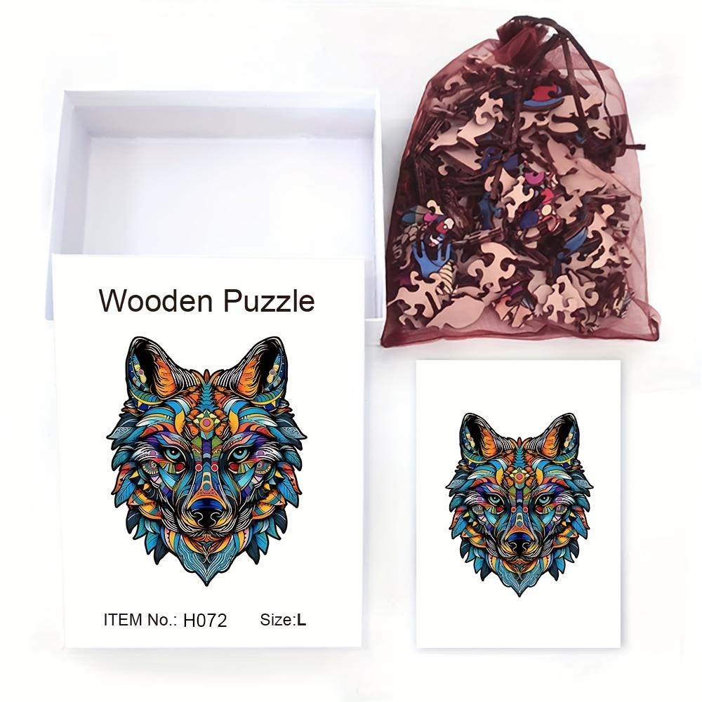 Wooden Jigsaw Puzzle Colorful Wolf Gift Box, Beautiful Gift Irregular Shape Jigsaw Puzzle Christmas Gift, Adult Stress Reduction Cool Unique Gift