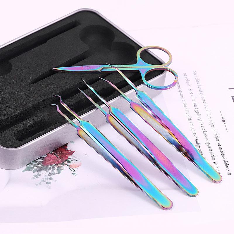 Manikyr pincett i rostfritt stål Färgglad titanuppsättning Pro Nagelsaxar Clipper Tools Acne Needle Beauty Tool Kit