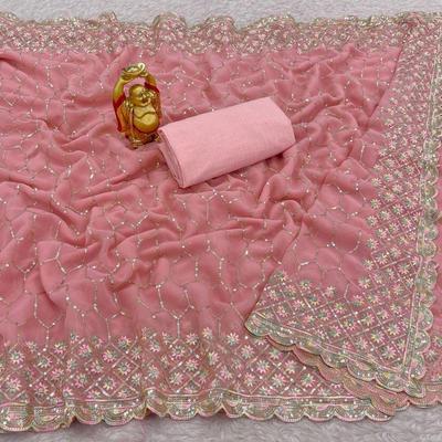 Sari en fausse georgette, travail de séquence de 3 mm et travail de fil multicolore avec bordure en travail découpé, col : 6