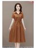Women's 2023 Summer Solid Color Cotton Linen A-line Dress, Short Sleeve, Casual Slimming Design