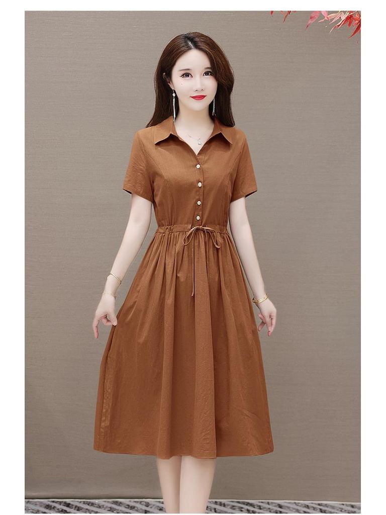 Women's 2023 Summer Solid Color Cotton Linen A-line Dress, Short Sleeve, Casual Slimming Design