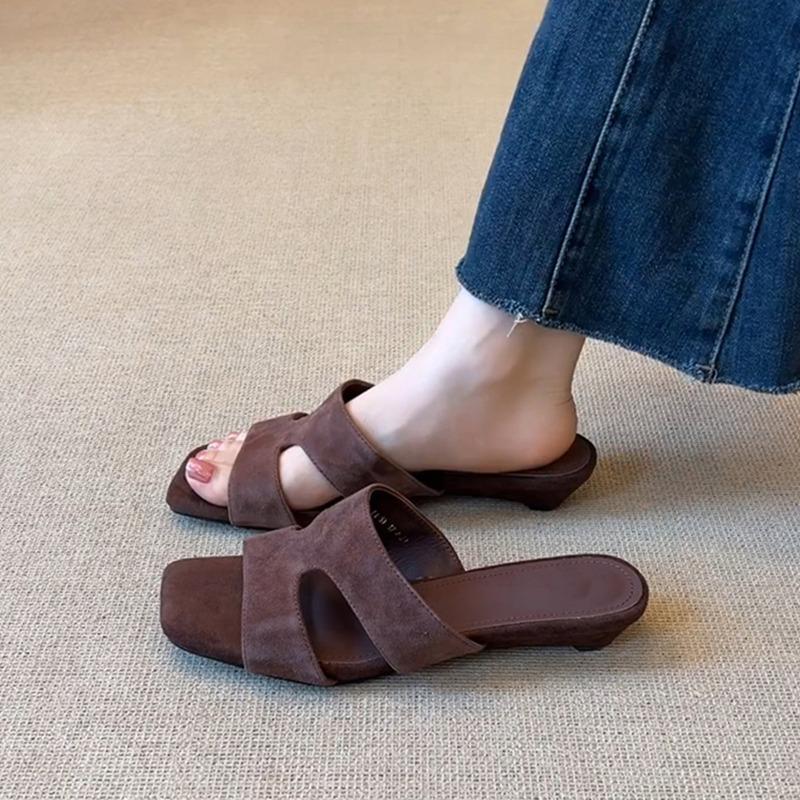Sheepskin Version~ Simple Open-toed Wedge Heel One-word Slippers Women's Summer Retro Soft-soled Casual Hollowed-out Outer Cool Slippers