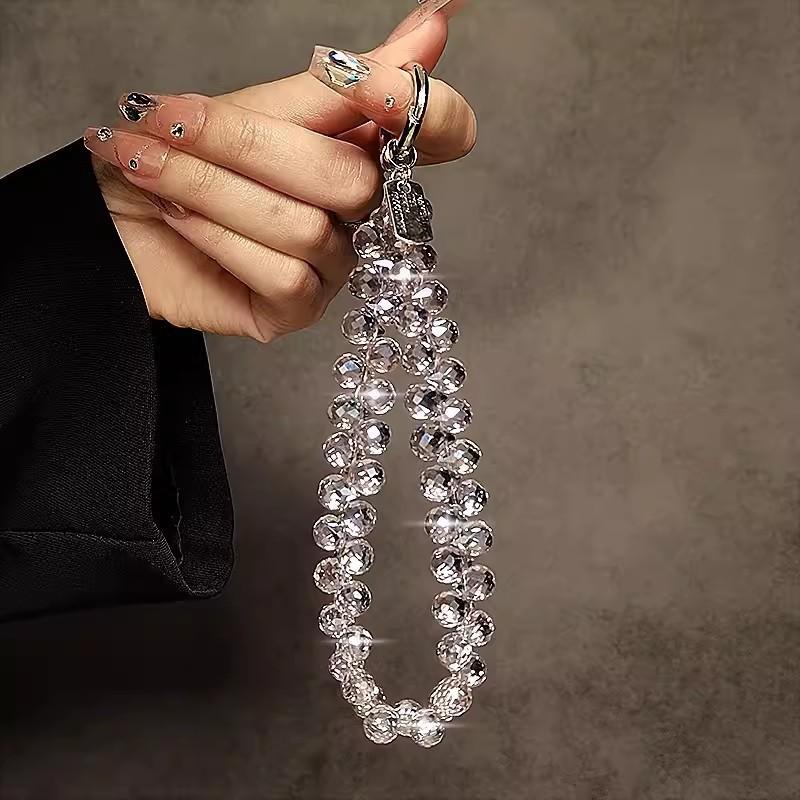 Internet Celebrity Senior Sense Colorful Crystal Water Drop Flash Mobile Phone Chain String Beads Bag Keychain Women's Short Lanyard
