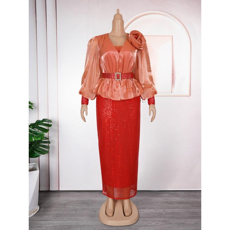 Elegant Plus Size African Womens Evening Dress Long Sleeve Deep V Neck Sequin Trimmed Fit-and-Flare Gown Party