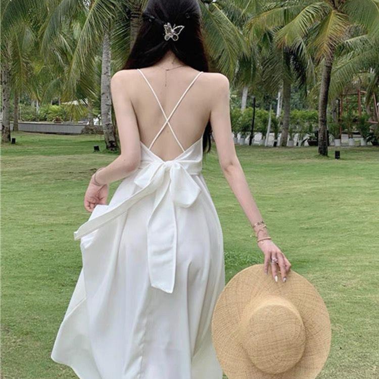New Sexy Fashion Temperament Chic Style Suspender Backless Dress Showing Thin Solid Color Hong Kong Style Ins