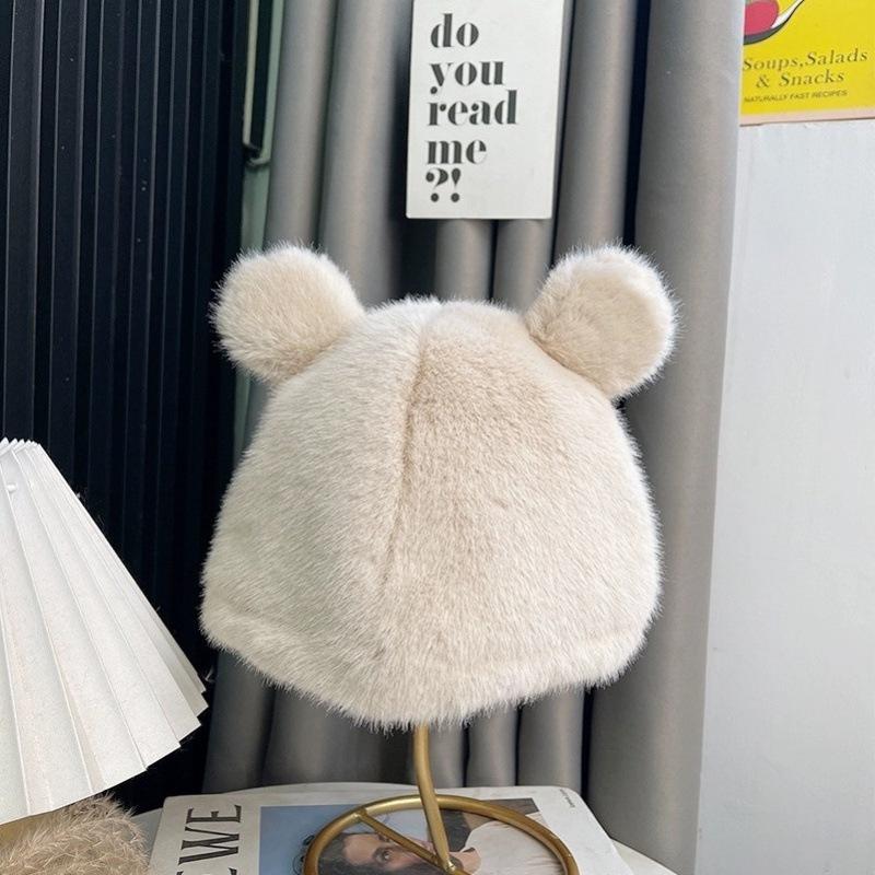 New Bear Plush Hat Female Cute Wool Warm Fluffy Big Head Circumference Knitted Cold Hat Autumn and Winter