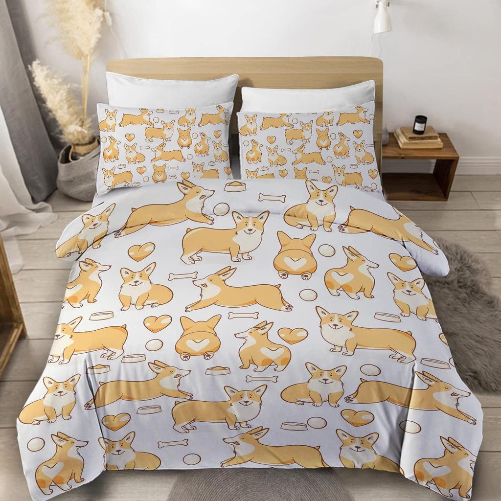 Cute Dogs Print Bedding Set Puppy Animal Duvet Cover Set 2/3 Pcs Watercolor Pastel Dog Paw Comforter Cover Pug Dog Lover Bed Set
