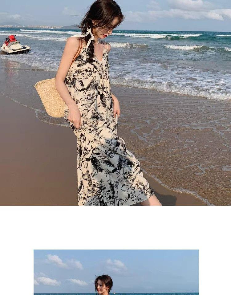 Women's Chinese Floral Ink Wash V-neck Spaghetti Strap Dress - Summer 2025 French Casual Holiday Style