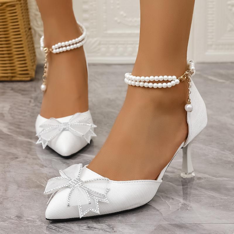 Fashion Elegant Pearl Chain Ankle Strap Pumps Women Summer Bowknot Decoration Pointed Toe High Heel Pumps Fashion White Wedding Shoes