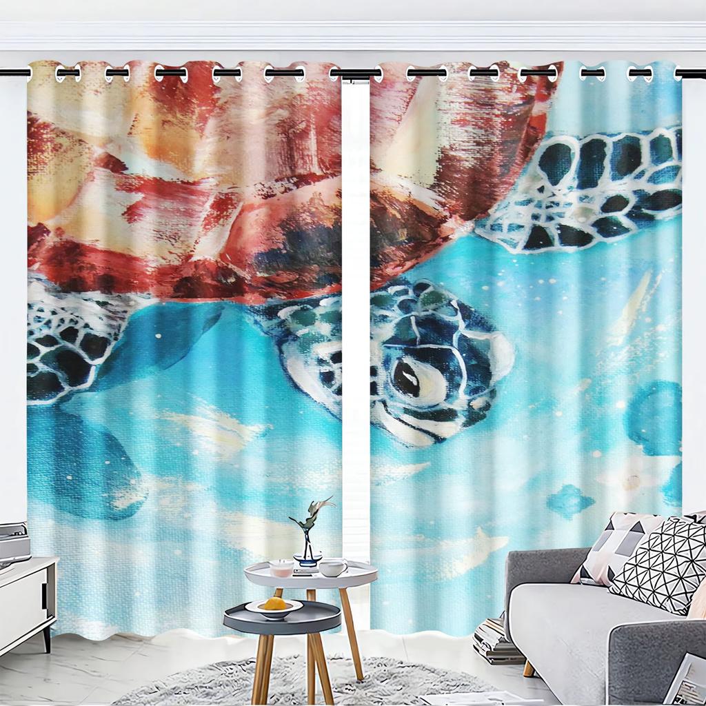 Cartoon Sea Turtles Curtain Sets, Window Decoration, 100% Polyester Shade, Bedroom, Living Room