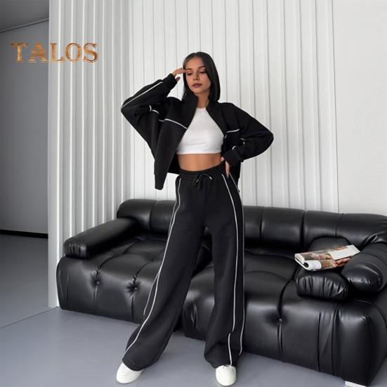 2 Teile/satz Damen Mantel Hosenanzug Halbhoher Kragen Reißverschluss Langarm Oberteil Elastische Taille Weite Beintaschen Hose Winter Alltagskleidung Trainingsanzug