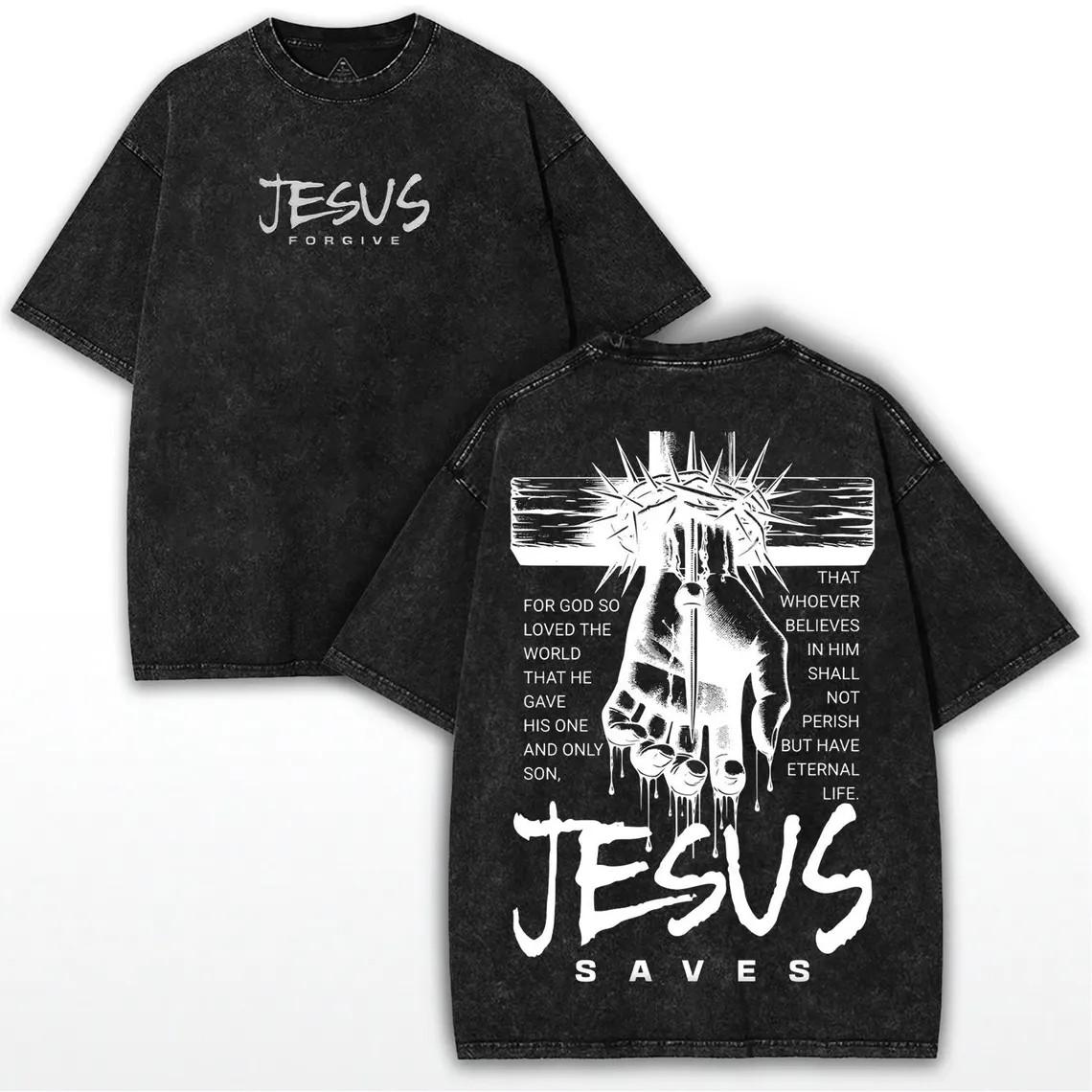 Jesus Saves TShirt Christian John  Vintage Washed Cotton Retro Bible Verse Graphic Tee Streetwear Harajuku Top S разноцветный