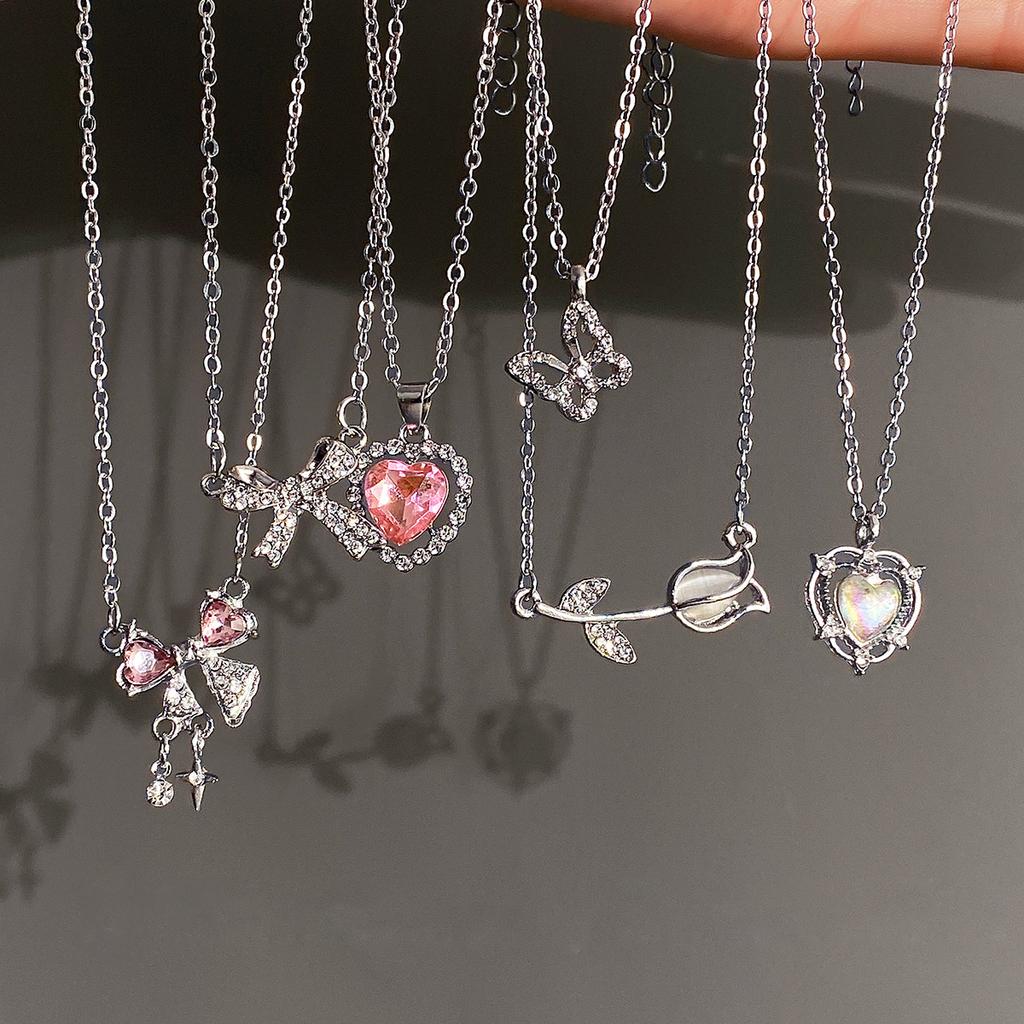 Y2K Anhänger Halsketten Sets Damen Kristall Schmetterling Engelsflügel Herz Halsketten Elegant Exquisit Tägliche Wear Schmuck Zubehör
