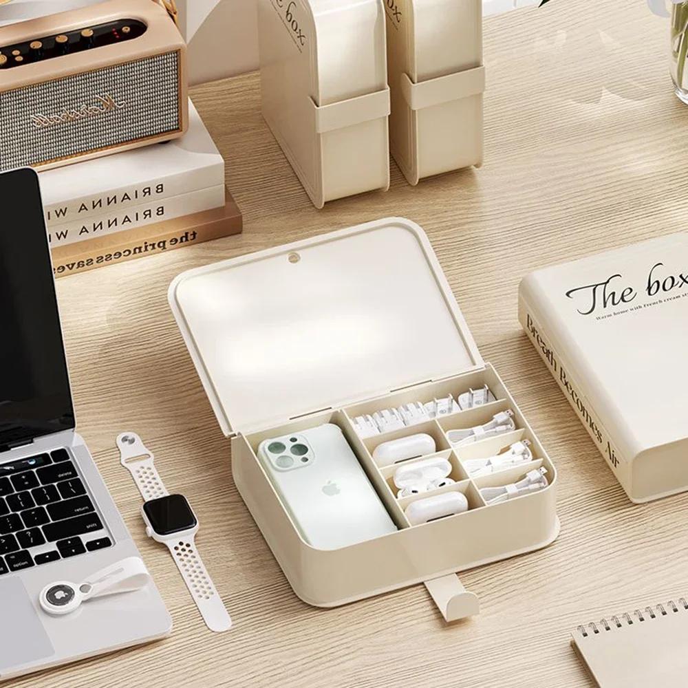 Boîte de Rangement pour Câbles de Données avec Couvercle Organisateur pour Chargeur de Téléphone Portable, Prise d'Alimentation, Gestion et Enroulement des Câbles de Bureau