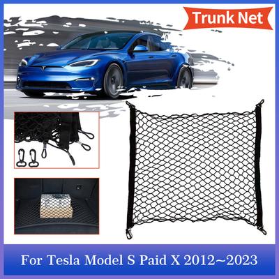 Car Trunk Mesh for Tesla Model S Plaid X 2012~2024 2015 Storage Organizer Rear Net Cargo Elastic Pocket Hook Interior Accessorie
