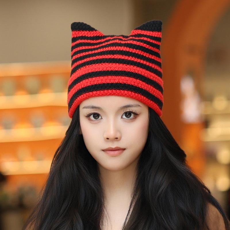 Korean Cute Cat Ear Knitted Hat Winter Keep Warm Retro Stripe Beanie For Women