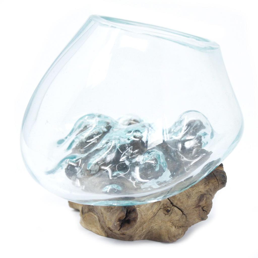 Schmelzglas-Schale auf Holzsockel