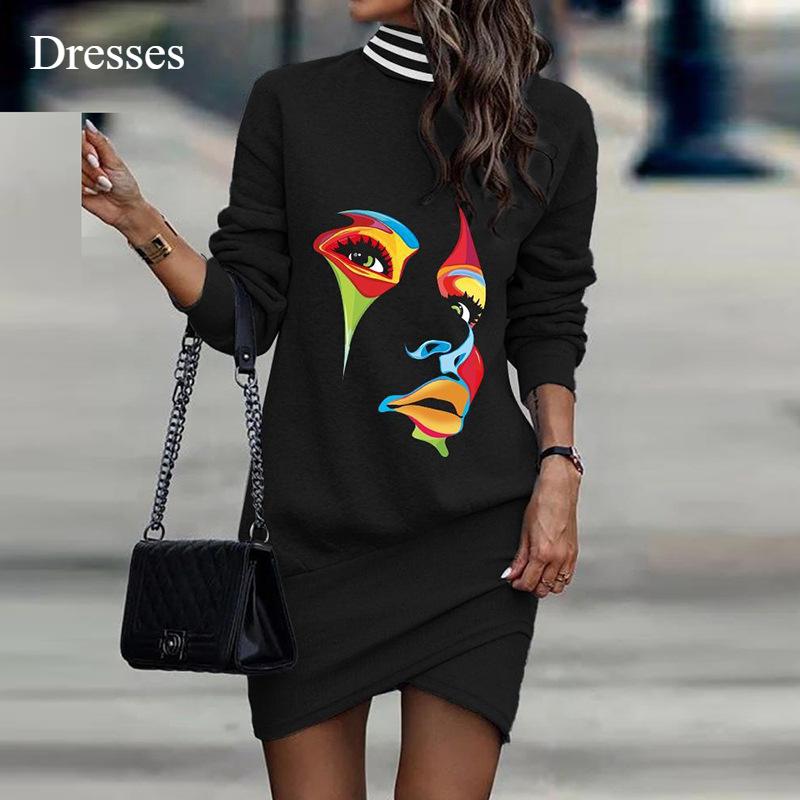 

Нестандартное платье осень и зима новый длинный рукав высокий ворот принт женская мода тонкий темперамент красивая юбка XL