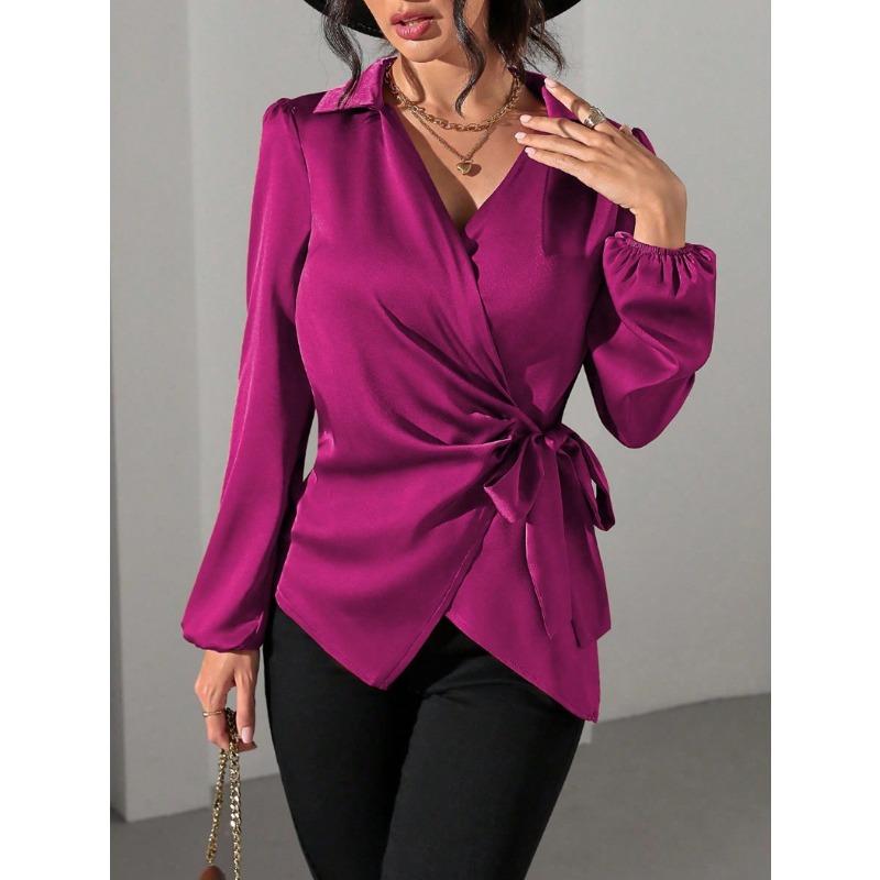 Spring and Winter Lace Up Waist Cinching Shirt New Long Sleeved Women Blouse Shirt with Tie Up Waist Fashion Tops Casual V Neck Clothing
