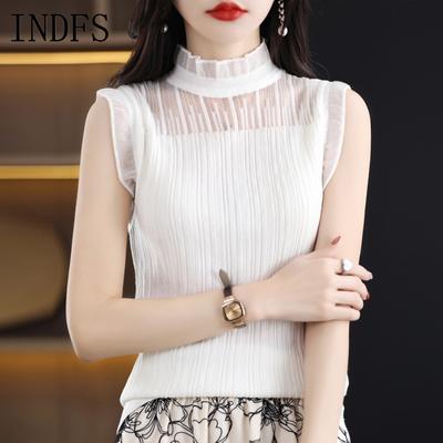 INDFS Women's Fashion Casual Summer Spring Solid Color Print Sleeveless Half Turtleneck Blouses & Shirts