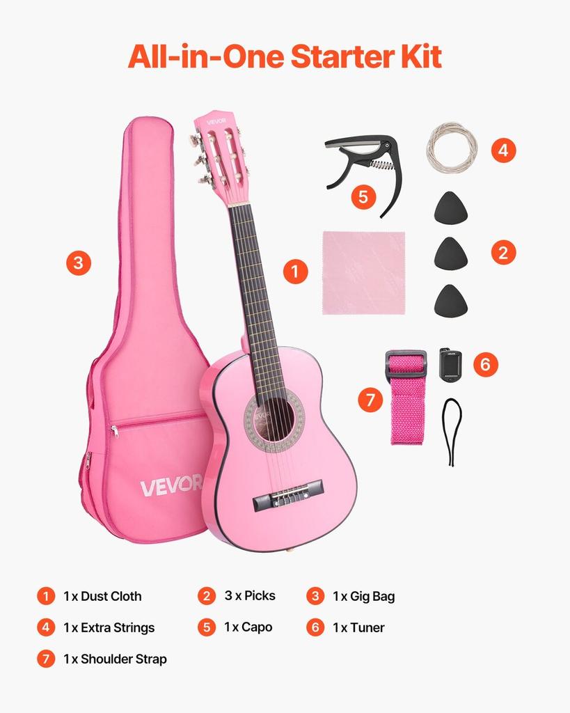 Classical Guitar, 780 mm, Wood Classical Guitar Starter Kit for Beginners, with Nylon Strings, Gig Bag, Strap, Tuner, Extra Strings, Picks, Capo,