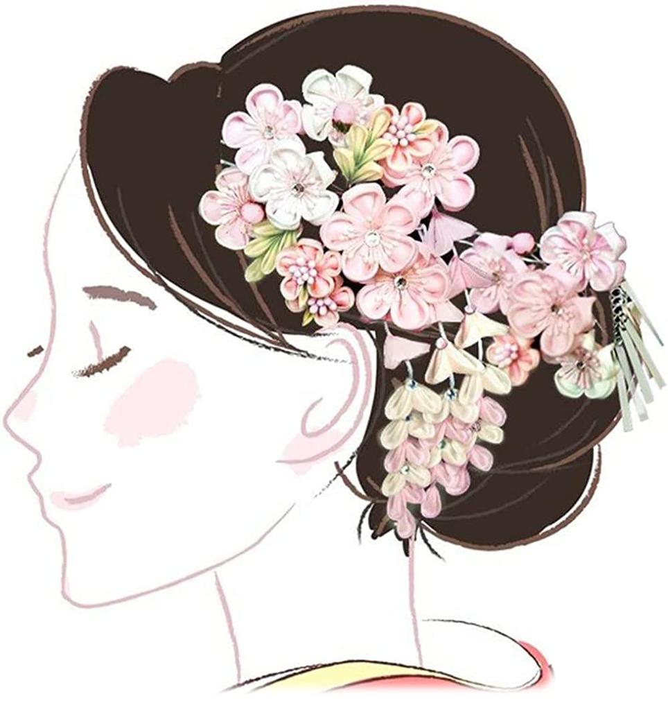 hair ornament set Furisode ceremony Tsumami work pink white silver leaf [Kyoto Usagido] 2-piece coming-of-age wk-279